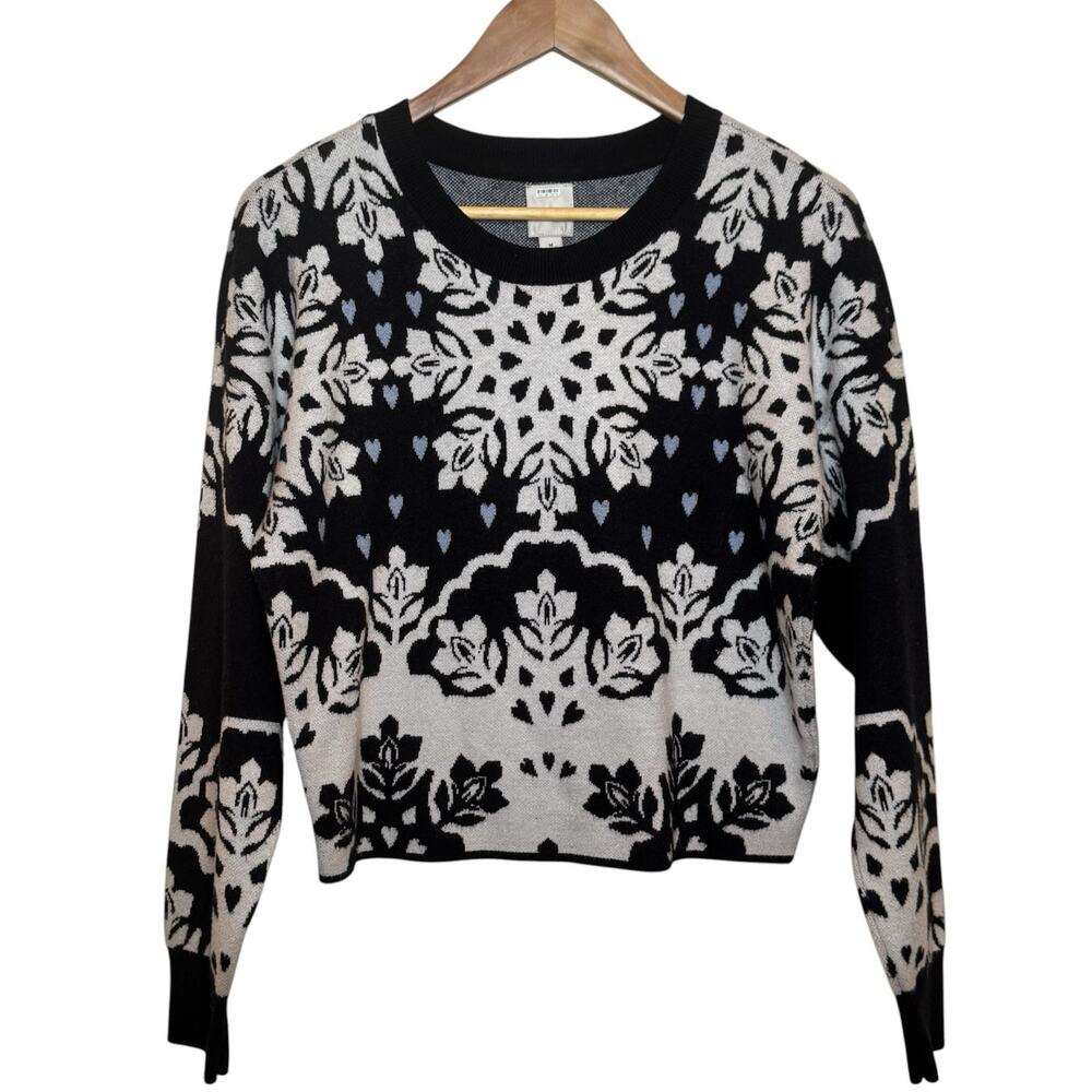 Maeve Cropped Black and White Floral Blue Hearts Crew Neck Sweater